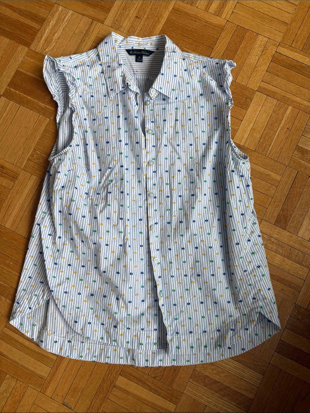 Brooks Brothers White Striped Sleeveless Button-Up with Blue and Green Dot Print